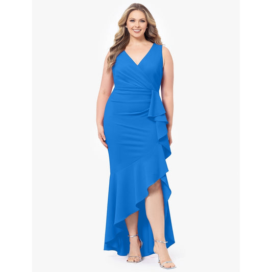 Betsy & Adam Plus Size Sleeveless Ruffled High-Low Gown - Cornflower, Size 14W
