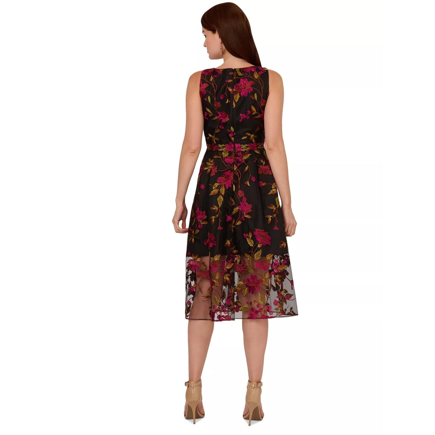 Adrianna Papell Floral Embroidered MIDI Dress with Sheer Hem in Pink Black, sz 8