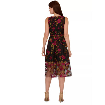 Adrianna Papell Floral Embroidered MIDI Dress with Sheer Hem in Pink Black, sz 2
