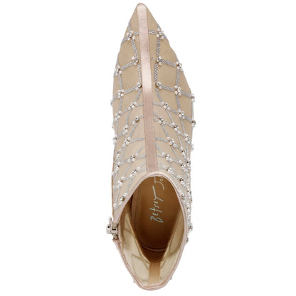 Betsey Johnson Lark Nude Mesh Rhinestone Pearl Ankle Bootie Heel Size 5.5 W/ Box