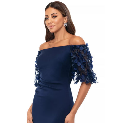 Xscape Women's Off-the-Shoulder Pleated-Waist Gown - Navy- Size 4. MSRP: 169$
