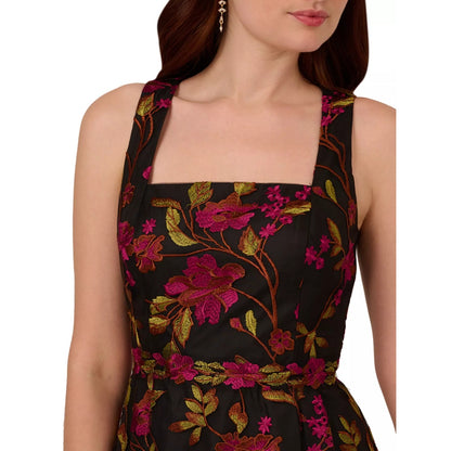 Adrianna Papell Floral Embroidered MIDI Dress with Sheer Hem in Pink Black, sz 2