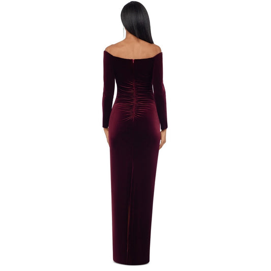 Xscape Burgundy Off the Shoulder Long Sleeve Velvet Gown, Size 8P, MSRP: 179$