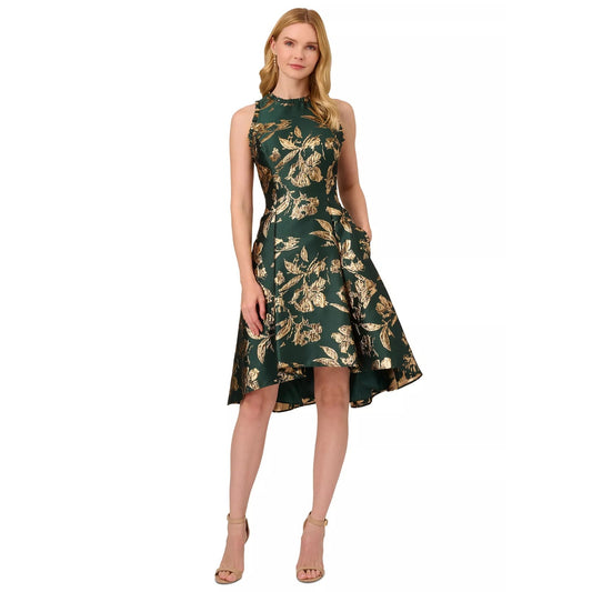 Adrianna Papell Women Ruffled Metallic Jacquard Dress, Hunter, sz 16, MSRP: 179$