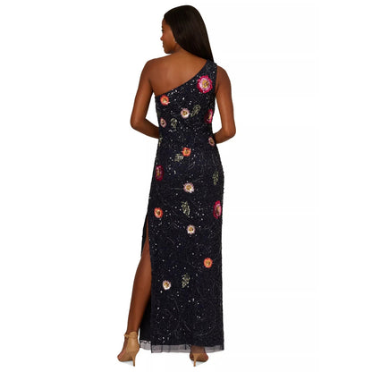 Adrianna Papell Women's Blue Asymmetric-Neck Beaded Gown Size 14, MSRP: 329 $