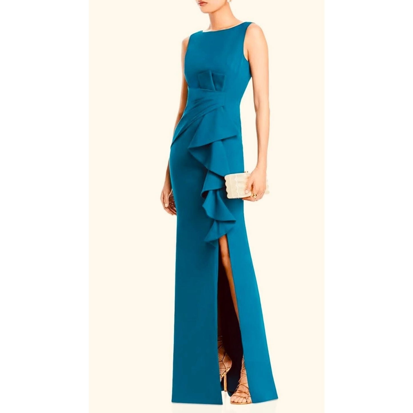 Eliza J Sleeveless Cascading-Ruffle Gown Women's 0 Teal Boat Neck Back Zipped