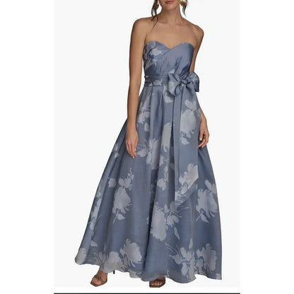 Donna Karan New York Women's Blue Floral Print Ball Strapless Gown Dress Size 6