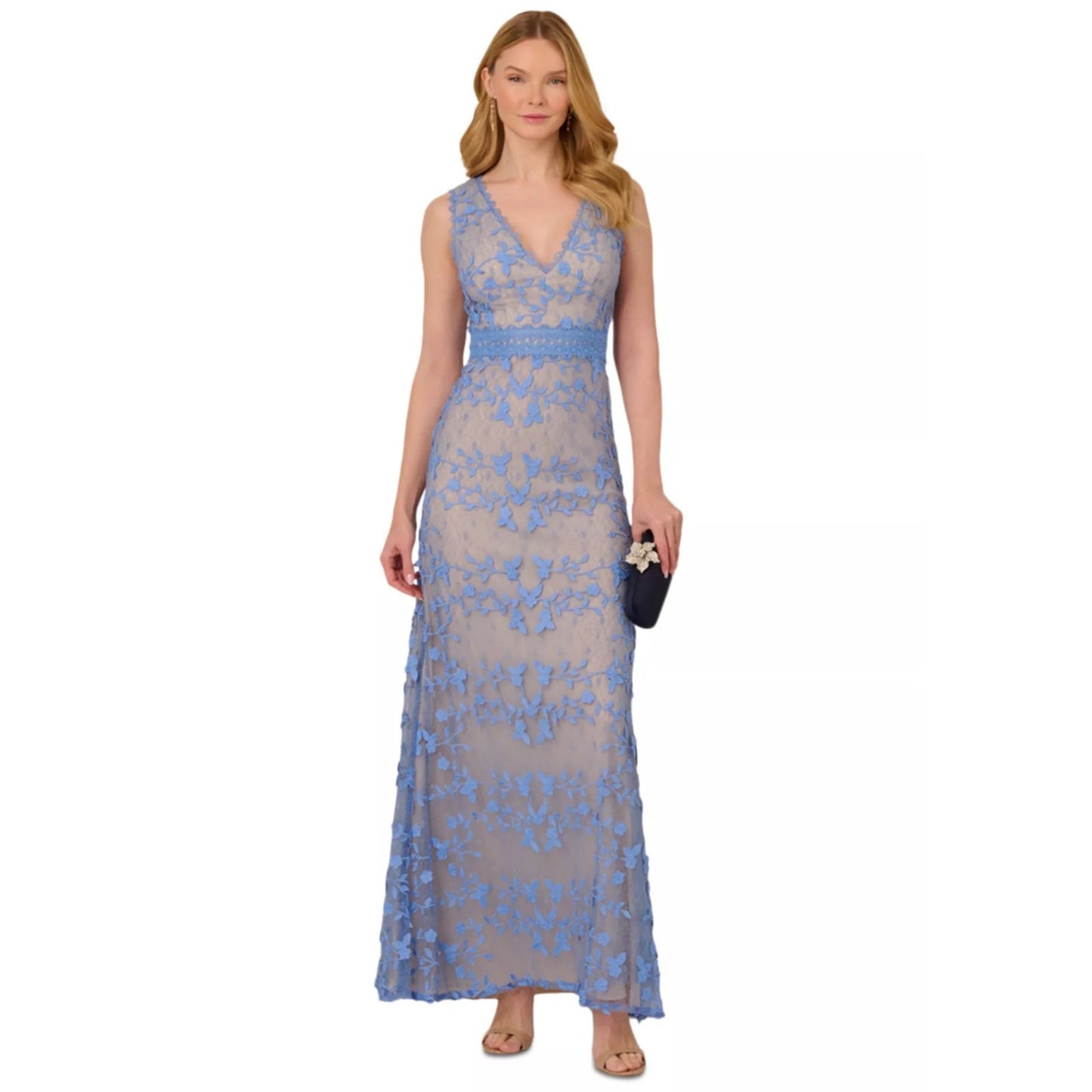 Adrianna Women’s V-Neck Embroidered Lace Gown, Peri Blue, Size 16, MSRP: 279$