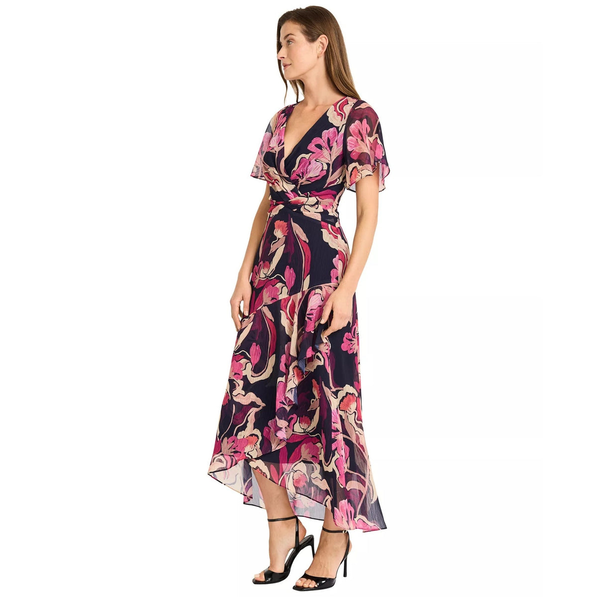 Maggy London Women's Printed V-Neck MIDI Fit & Flare Dress - Black/Appricot, 10