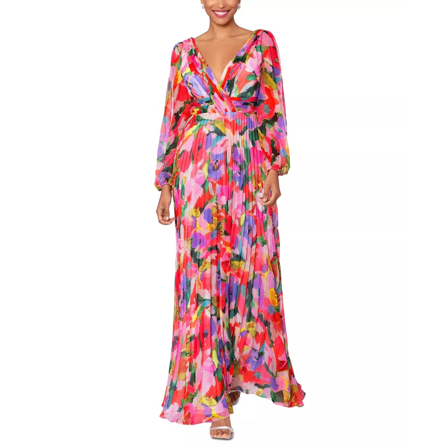 Betsy & Adam Amber Long Sleeve Chiffon Floral Print Floor Length Dress, 10, 279$