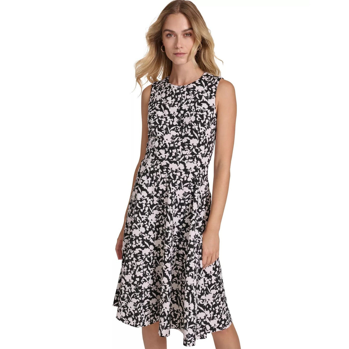 Calvin Klein Black Cream Printed Scuba Crepe A Line Dress