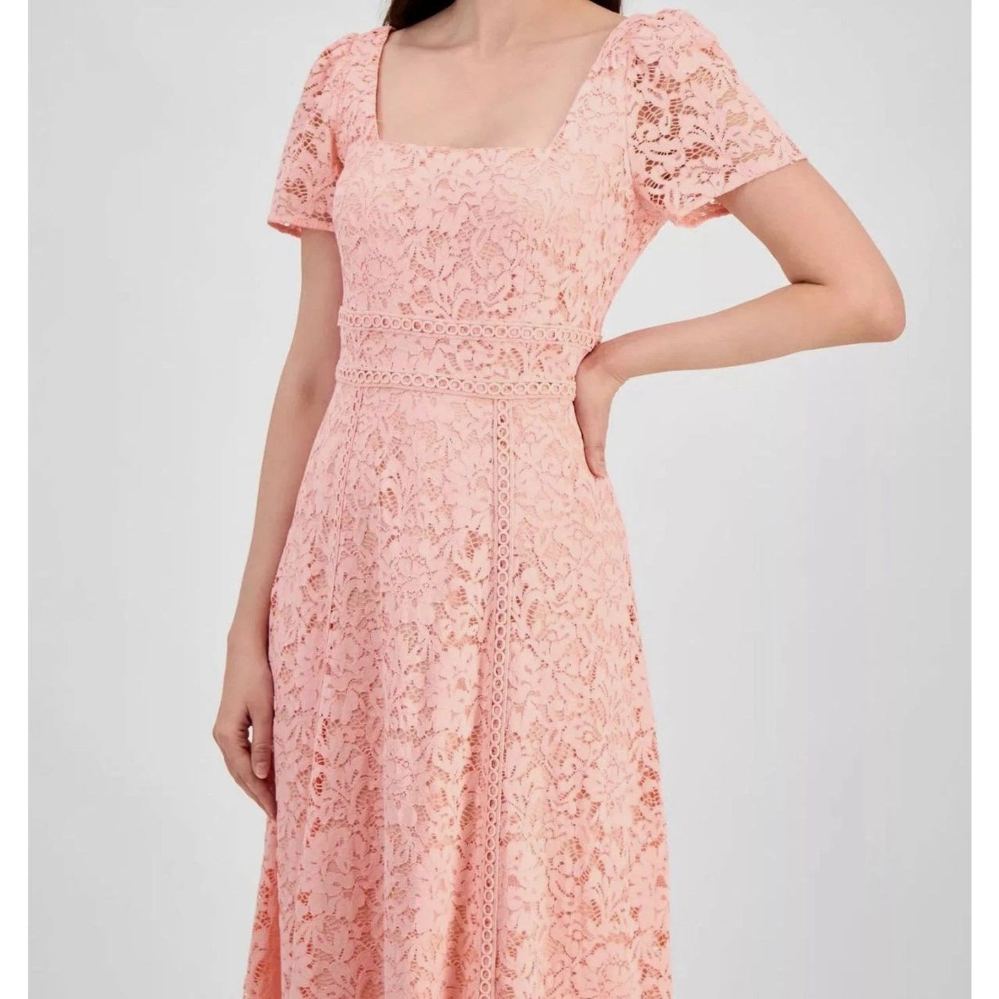 Anne Klein Women's Pink Lace Square Neck Puff Sleeve Dress Size 4, MSRP: 149$