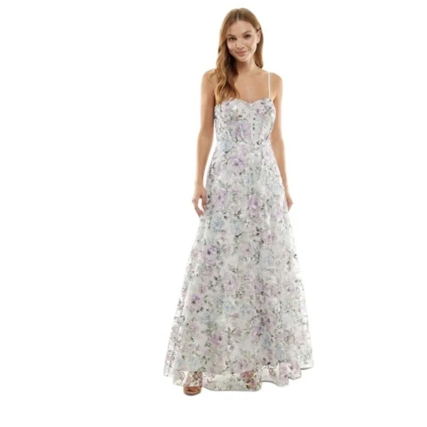 Trixxi Juniors' Floral-Embroidered Corset Gown, Lavenderflo, Size 5, MSRP: 179$