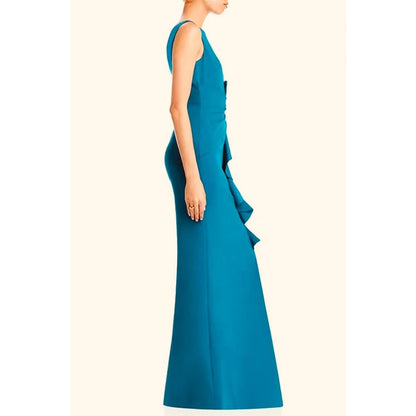 Eliza J Sleeveless Cascading-Ruffle Gown Women's 0 Teal Boat Neck Back Zipped