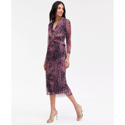 Anne Klein Purple Metallic V Neck Twist Front Midi Dress 16 NWT, MSRP: 149$