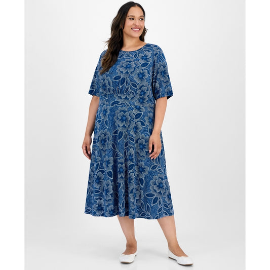 London Times Short-Sleeve Printed Fit & Flare MIDI Dress - Navy Blue-18W