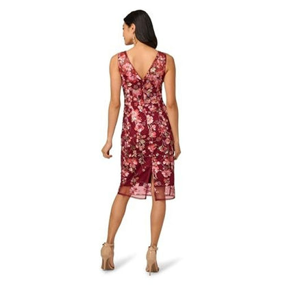 Adrianna Papell Women Embroidered Floral Midi Dress, 10 Plum Sequin 3D,MSRP:249$