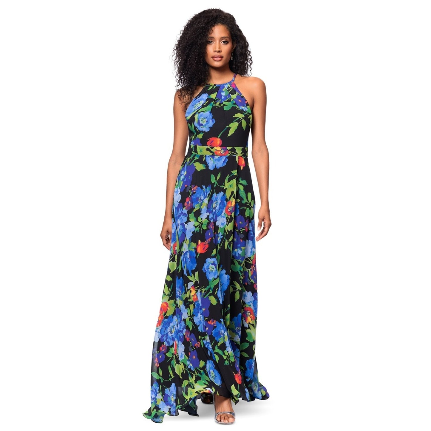 Betsy & Adam Printed Chiffon Halter-Neck Gown Black Multi, 6. $179