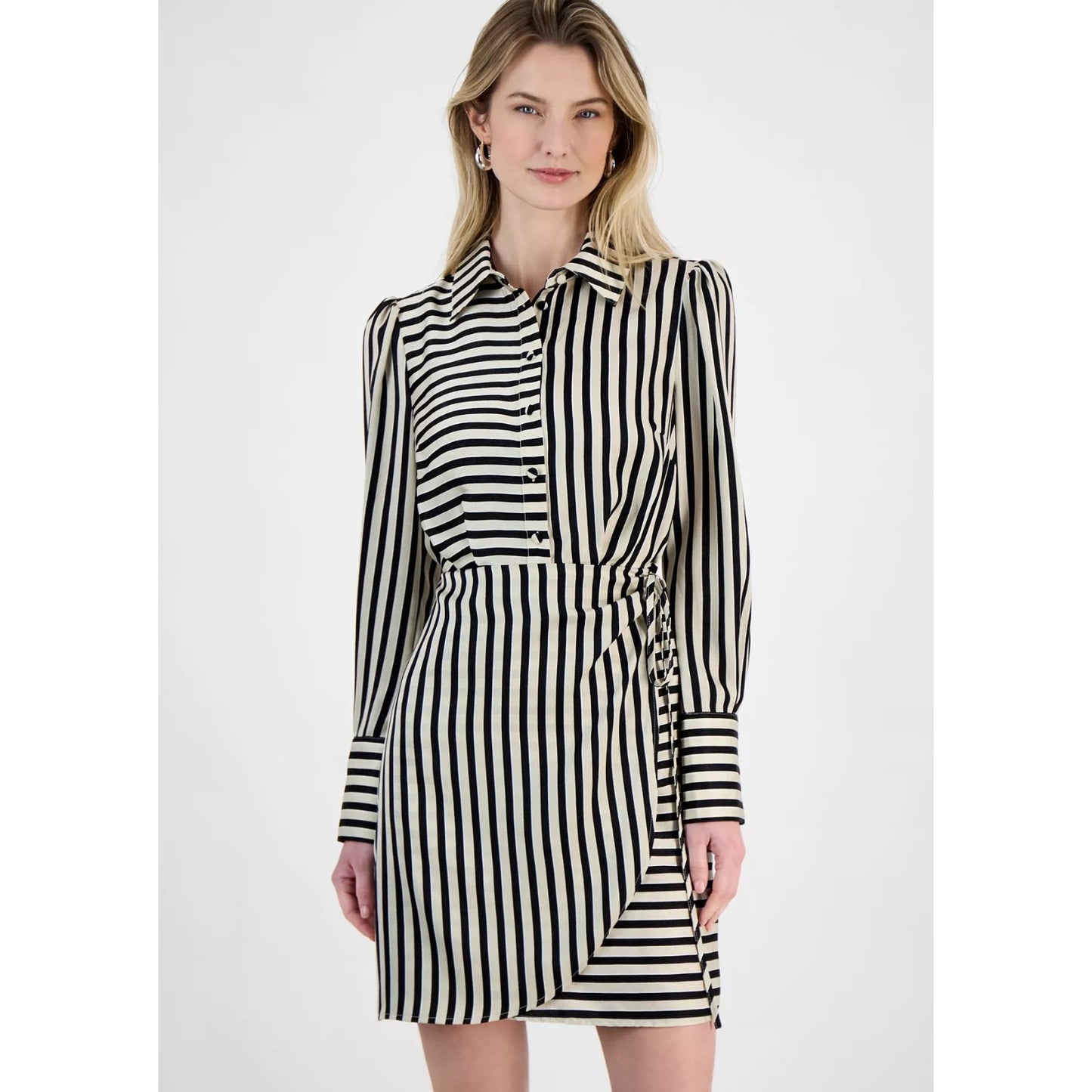 Sam Edelman Women Cabana Striped Long-Sleeve Shirt dress, Black/ivory, MSRP: 99$