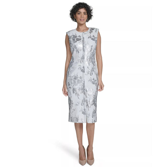 Calvin Klein Women's Sleeveless Foil Printed Sheath Dress- Cream/Silver, Size-14