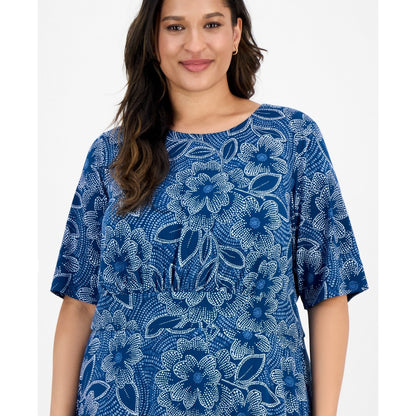 London Times Short-Sleeve Printed Fit & Flare MIDI Dress - Navy Blue-18W