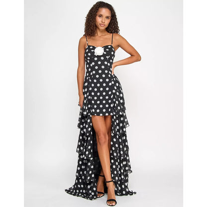 City Studios Juniors' Dot Print Ruffled High-Low Chiffon Gown Size 3/4