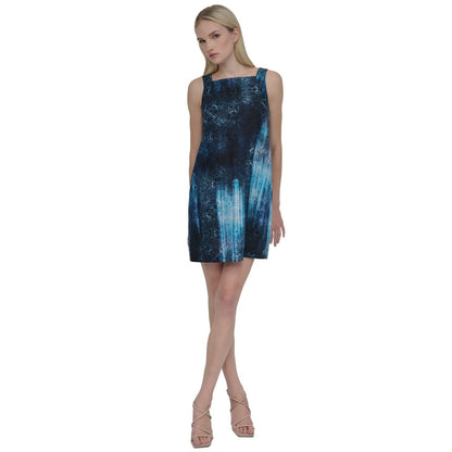 Dkny Women's Printed Square-Neck Sleeveless Dress - Indigo Multi, MSRP: 129$