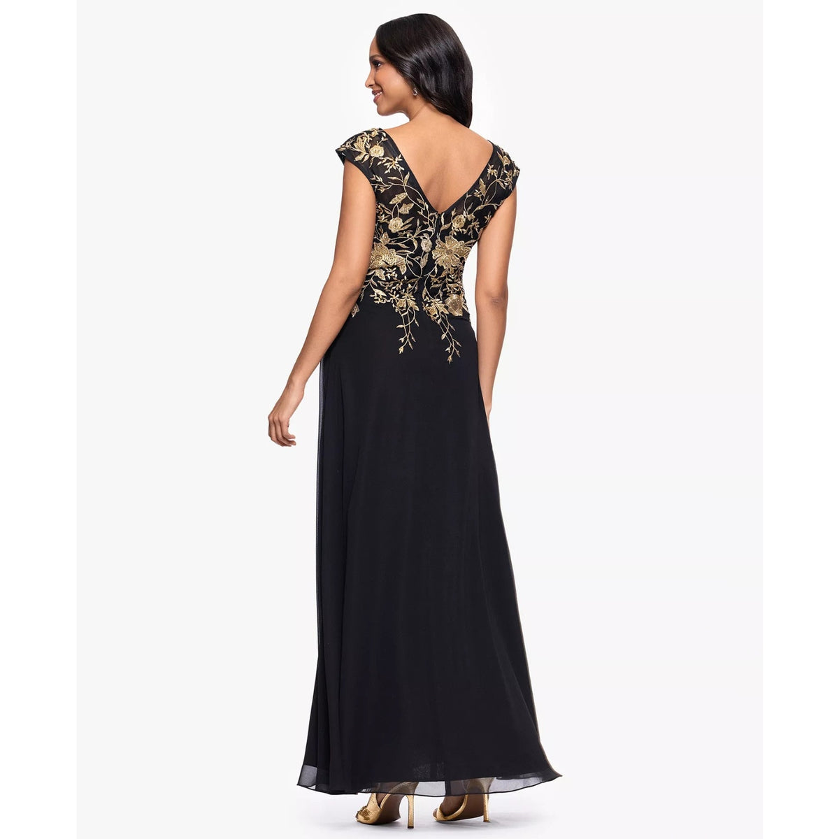 Betsy & Adam Petites Chiffon V-Neck Long a-Line Dress -Black, Gold Size 2p, 299$