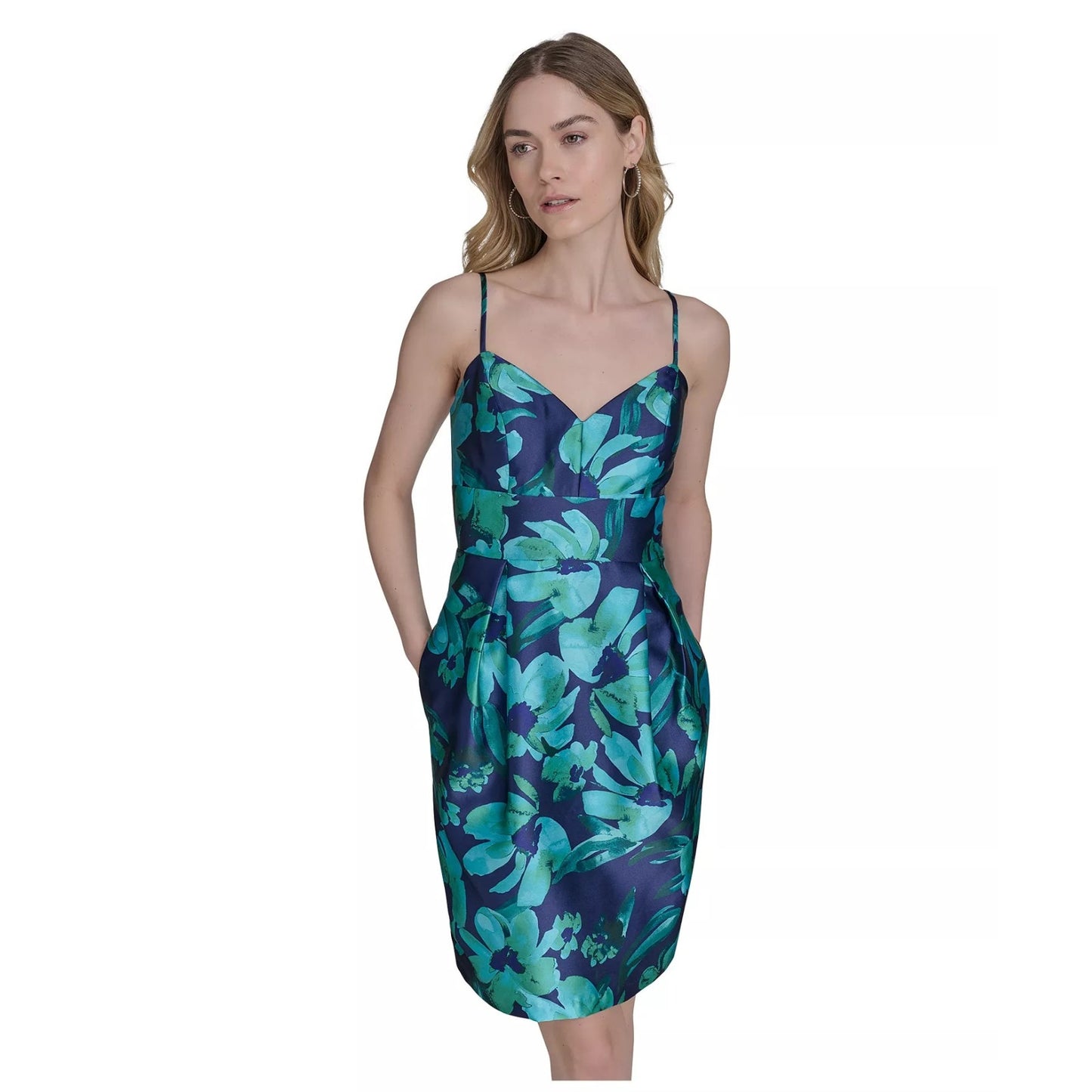 Eliza J Women's Jacquard Floral Green pockets Sleeveless Dress Size 2, MSRP:159$