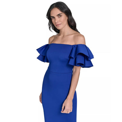 Eliza J Off Shoulder Cocktail Dress, Ruffle Sheath Cobalt Blue Wedding Guest, 14