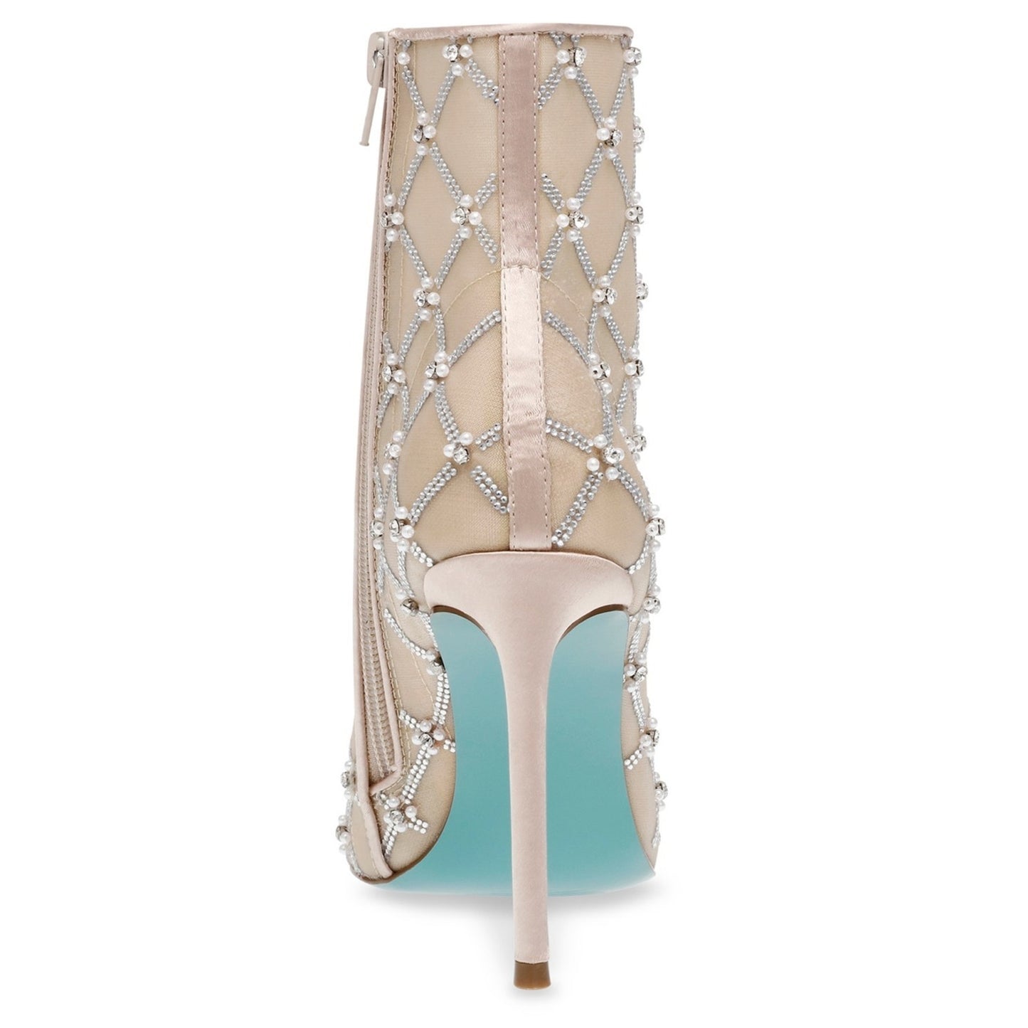 Betsey Johnson Lark Nude Mesh Rhinestone Pearl Ankle Bootie Heel Size 5.5 W/ Box