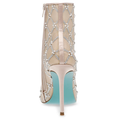 Betsey Johnson Lark Nude Mesh Rhinestone Pearl Ankle Bootie Heel Size 5.5 W/ Box