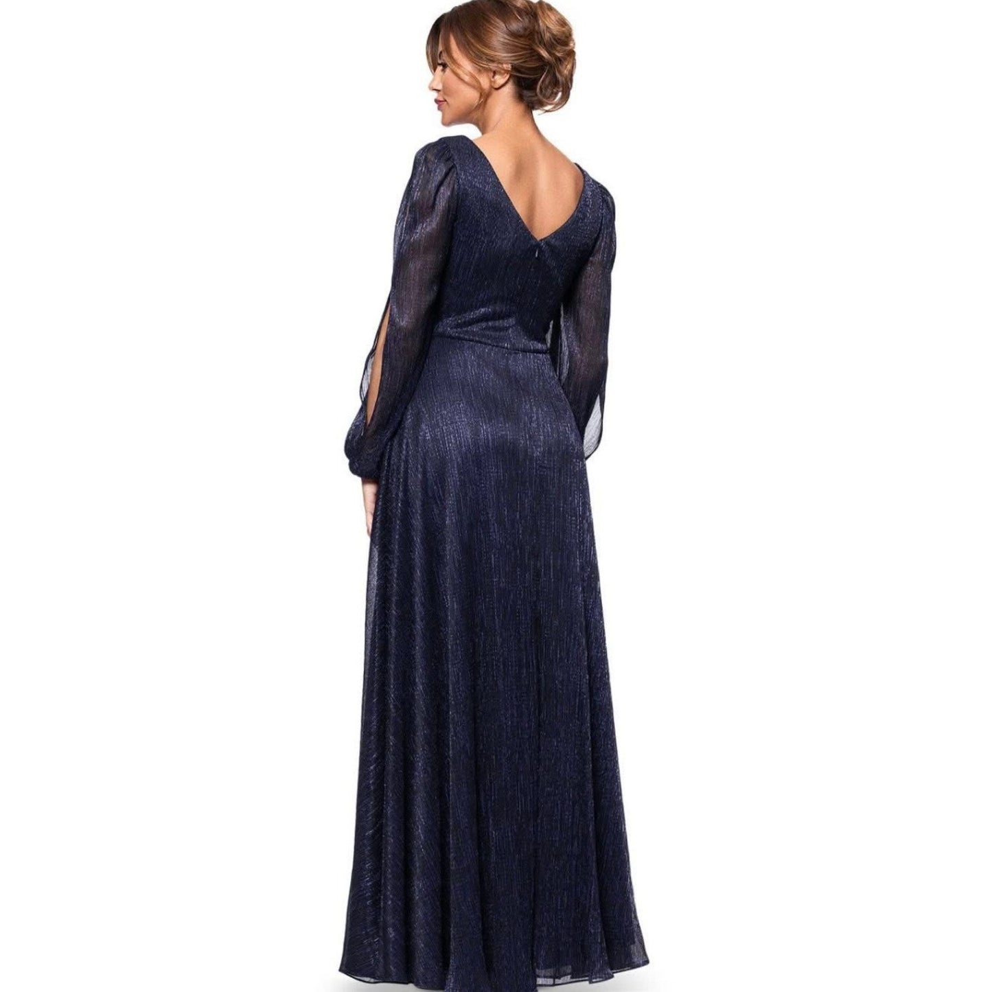 Betsy & Adam Petite Long-Sleeve V-Neck Crinkle Gown Navy royal SZ 4P, MSRP: 289$