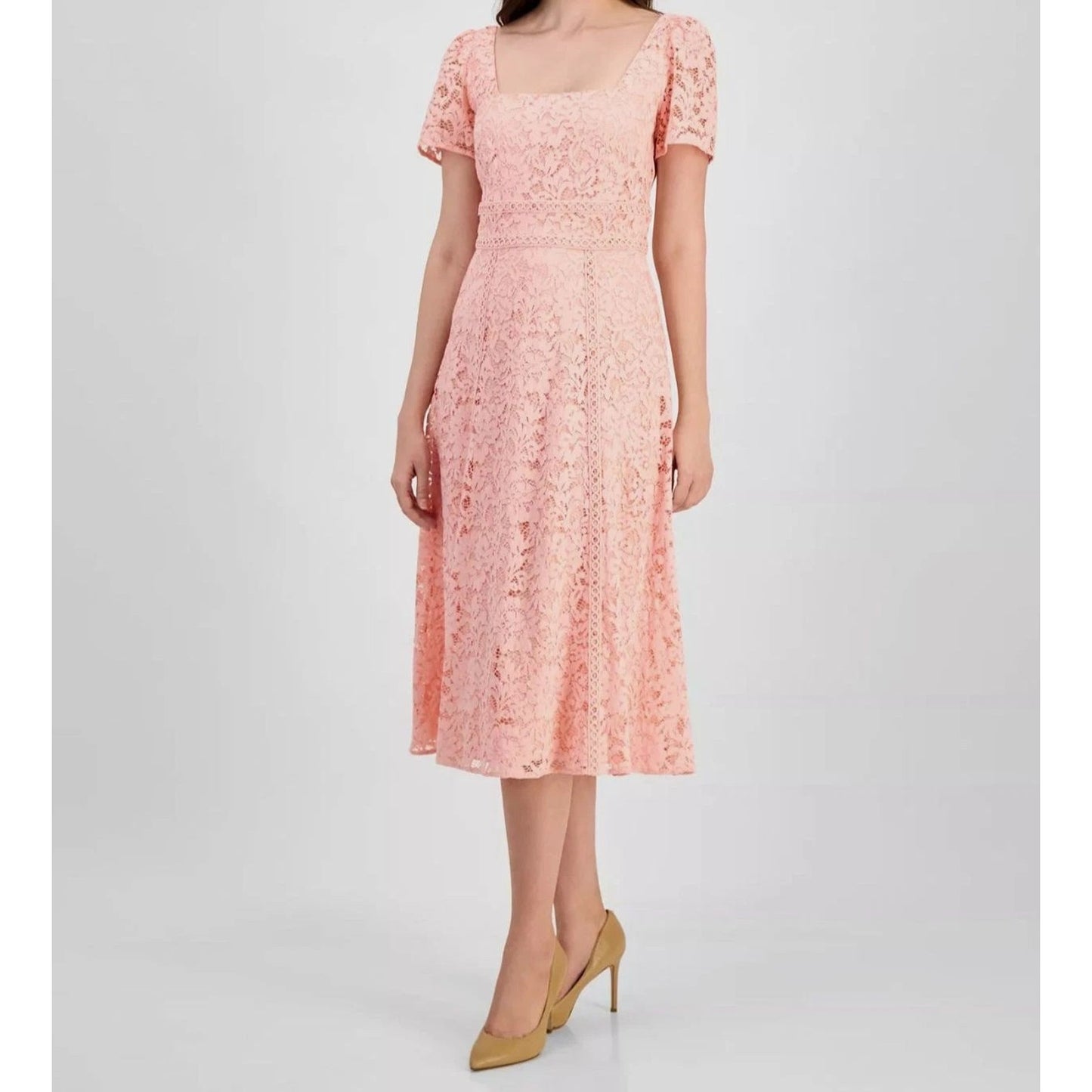 Anne Klein Women's Pink Lace Square Neck Puff Sleeve Dress Size 4, MSRP: 149$