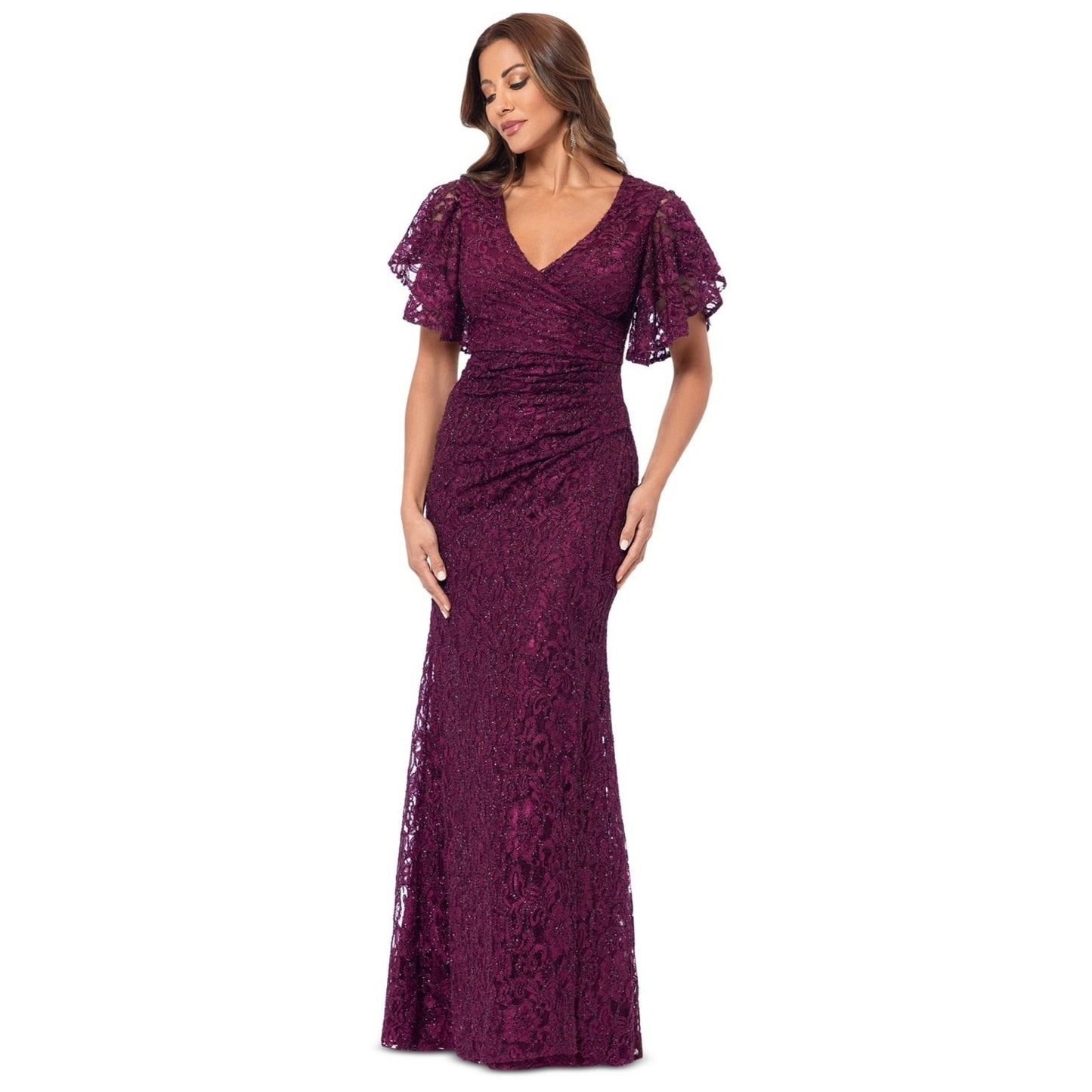 Betsy & Adam Women's Eyelash-Lace Flutter-Sleeve Long Dress - Wine, MSRP: 179$