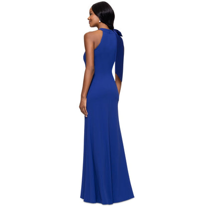 Betsy & Adam Women's Bow-Embellished Halter Neck Sleeveless Gown,Indigo, Size 14