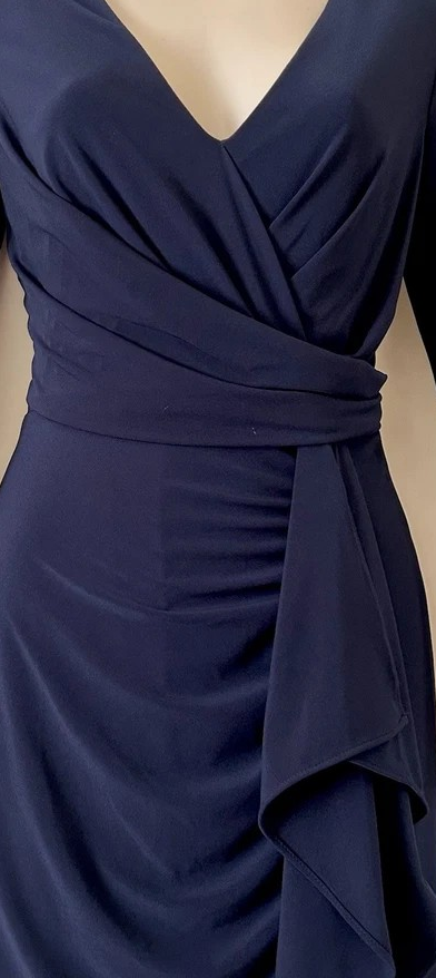 BETSY & ADAM Blue Cascade Ruffle Deep V-Neck Stretch Jersey Gown Size 18 W, NEW