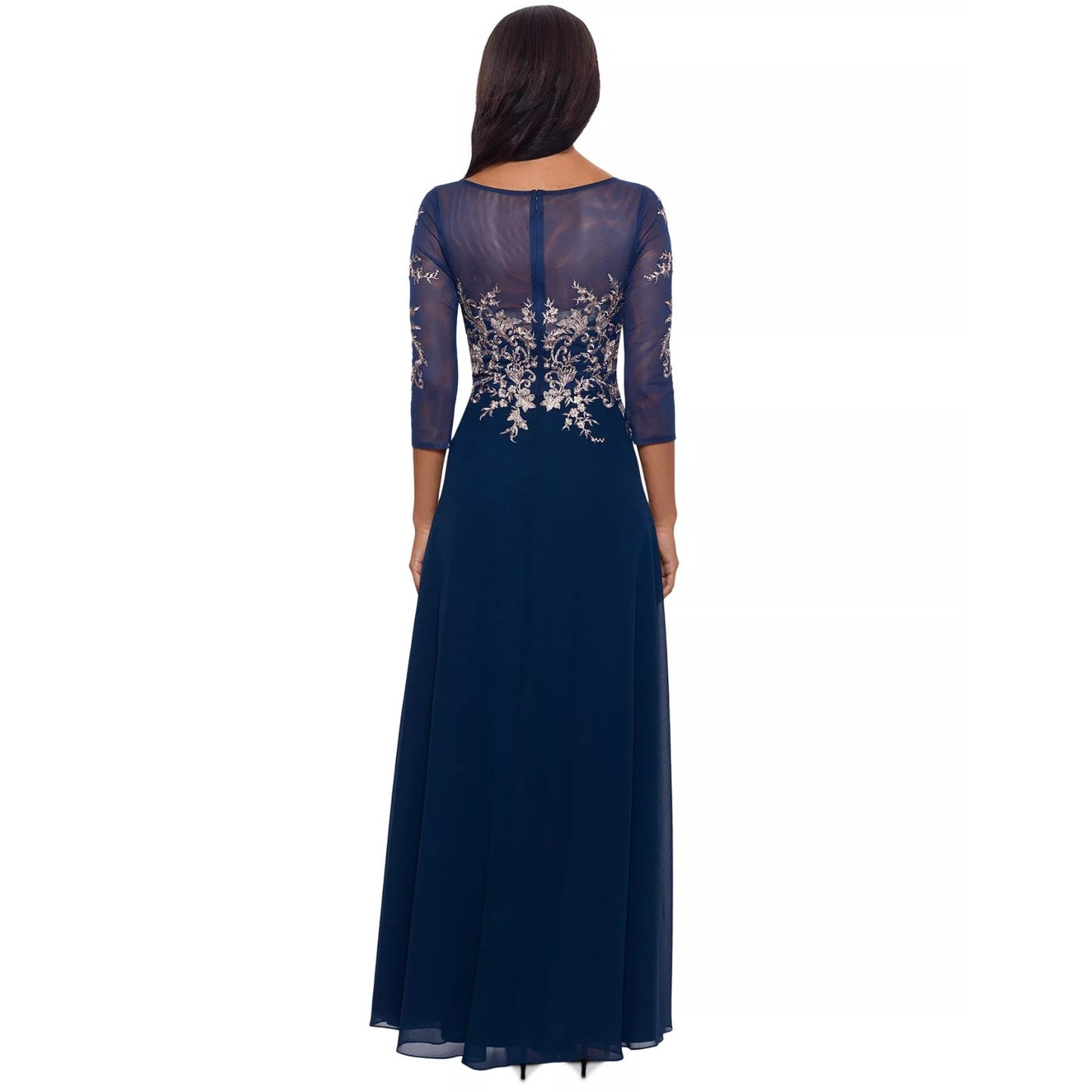 Betsy & Adam Navy Blue Rose Gold Embellished Bodice Chiffon Gown Size 4, $299