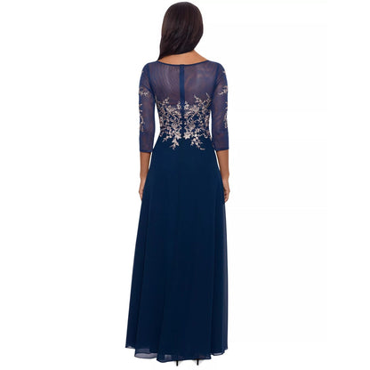 Betsy & Adam Navy Blue Rose Gold Embellished Bodice Chiffon Gown Size 4, $299