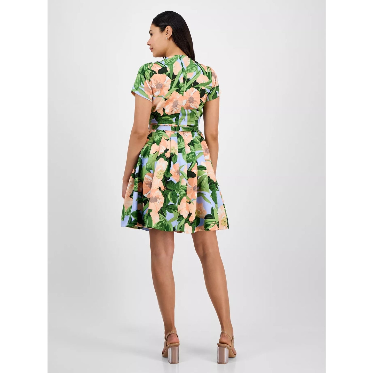 Tahari ASL Fit Flare Pleated Dress Peach Magnolia Floral Belted Sz 14,MSRP: 169$