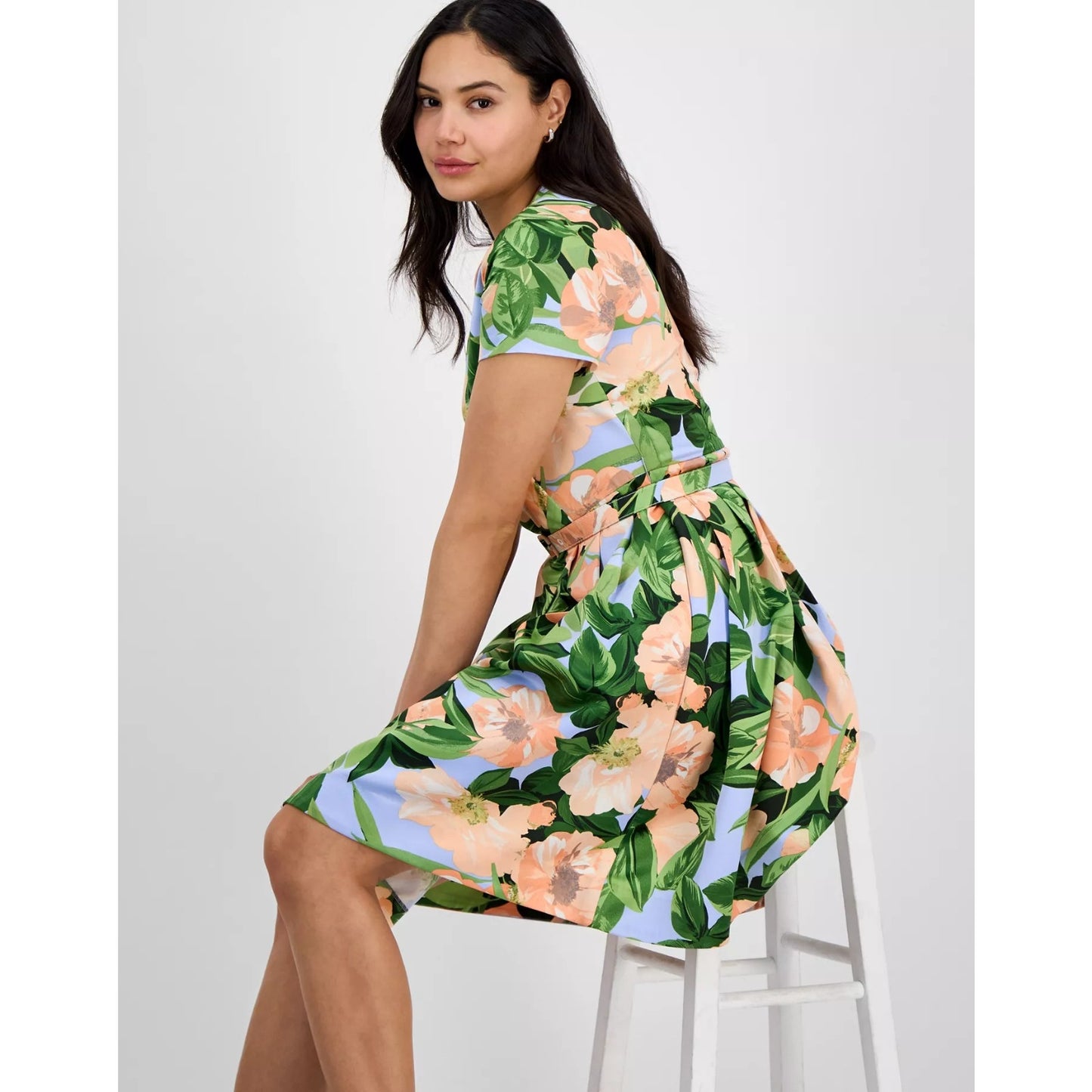 Tahari ASL Fit Flare Pleated Dress Peach Magnolia Floral Belted Sz 14,MSRP: 169$