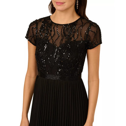 Adrianna Papell Black Embellished Pleated Dress Size 10P, MSRP: $299