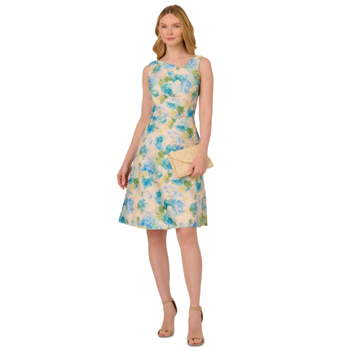 Adrianna Papell Women's Jacquard Asymmetric-Neck Dress - Ivory/Blue, MSRP:199$