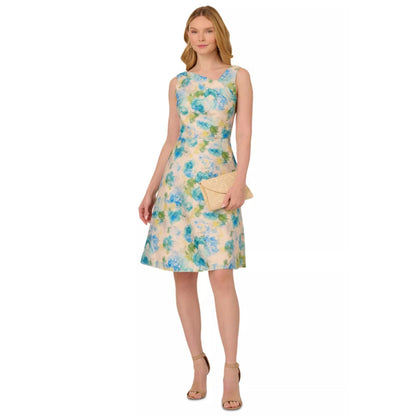 Adrianna Papell Women's Jacquard Asymmetric-Neck Dress - Ivory/Blue, MSRP:199$