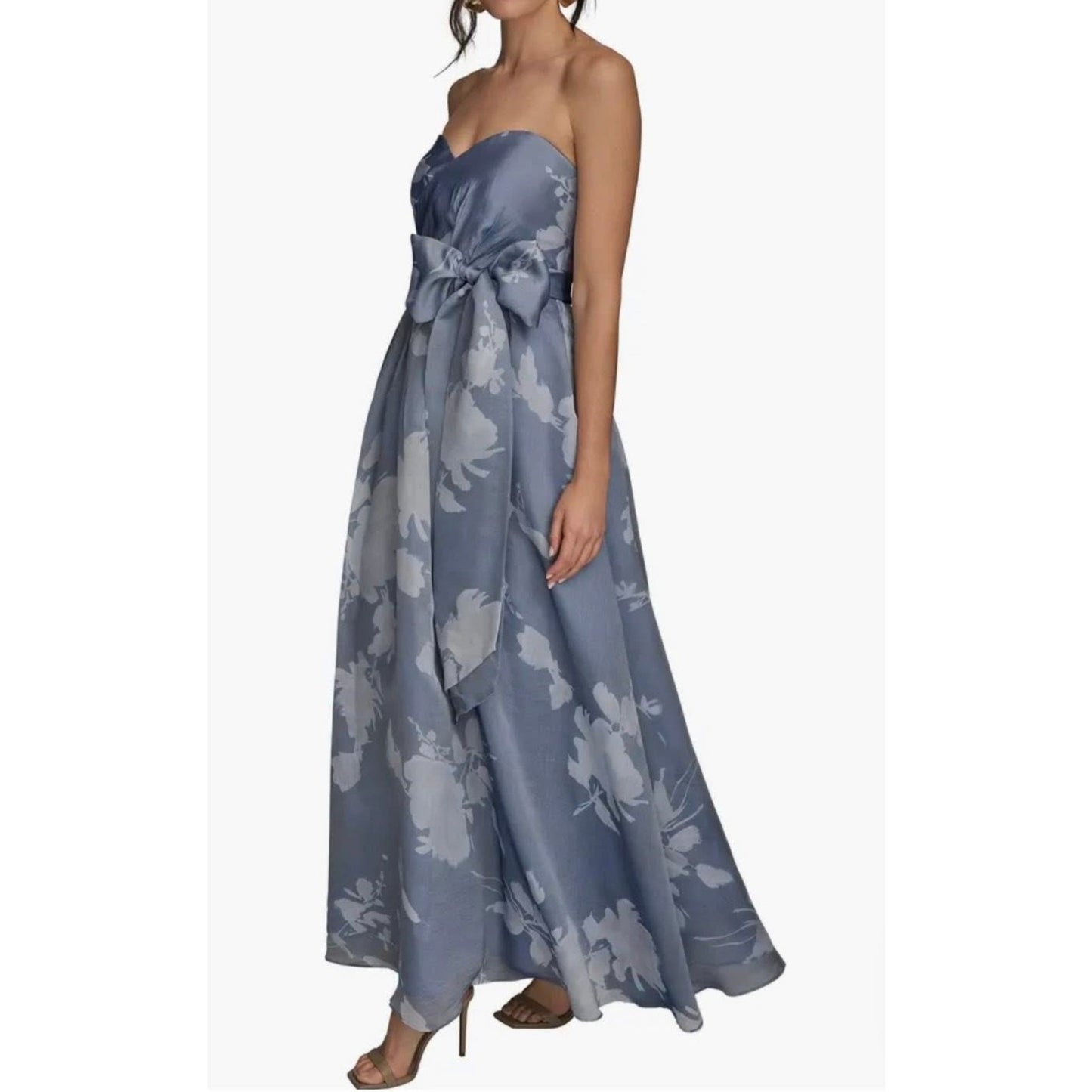 Donna Karan New York Women's Blue Floral Print Ball Strapless Gown Dress Size 6