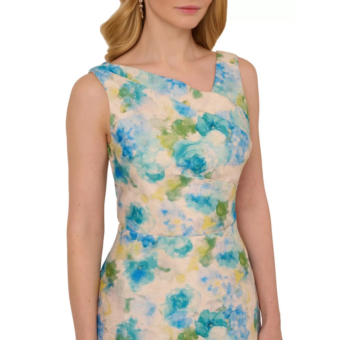 Adrianna Papell Women's Jacquard Asymmetric-Neck Dress - Ivory/Blue, MSRP:199$