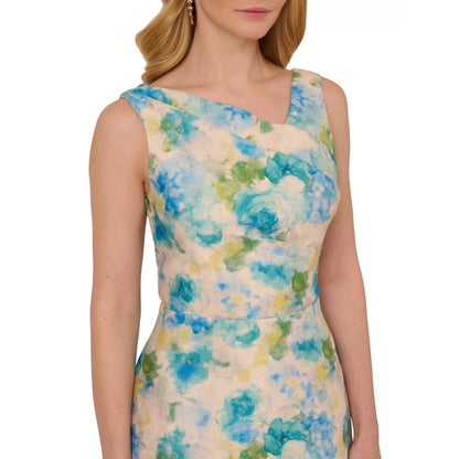 Adrianna Papell Women's Jacquard Asymmetric-Neck Dress - Ivory/Blue, MSRP:199$