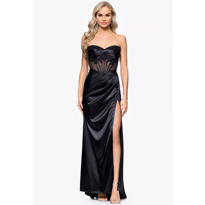 Blondie Nites Juniors' Satin Illusion-Corset Gown - Black- Size 15, MSRP: 279$