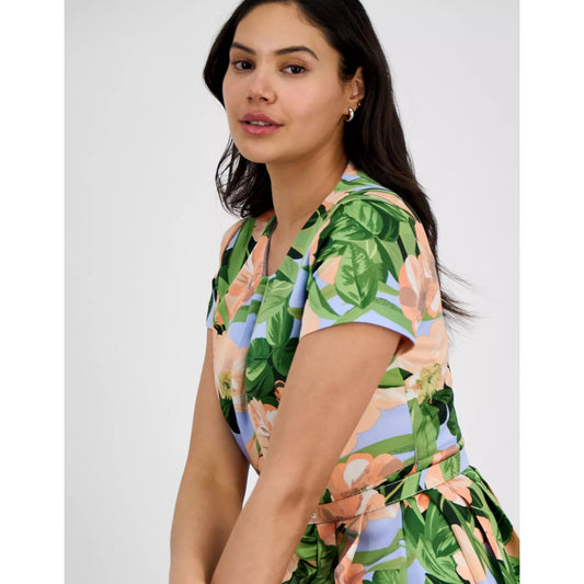 Tahari ASL Fit Flare Pleated Dress Peach Magnolia Floral Belted Sz 14,MSRP: 169$