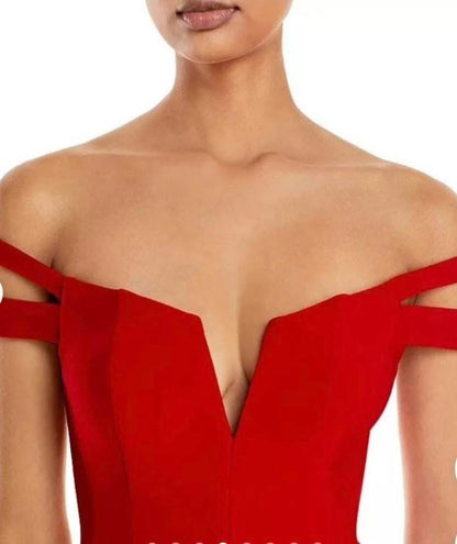 AQUA Women's Formal Dress Size 12 Red Off the Shoulder Thigh Slit Evening Gown